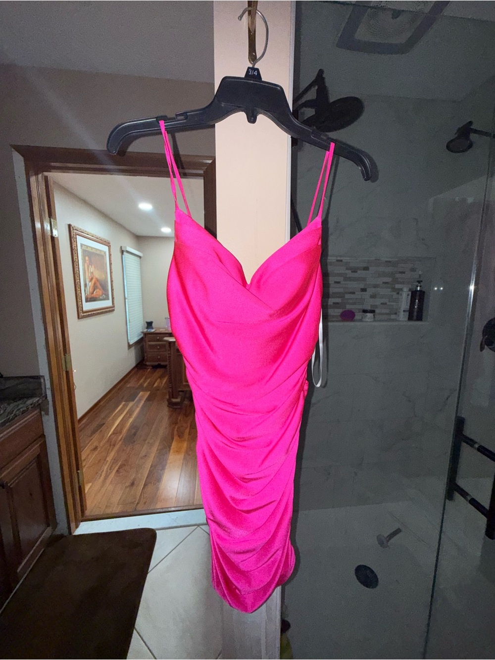 B Darlin Hot Pink Cowl Midi Slip Dress with Spaghetti Straps